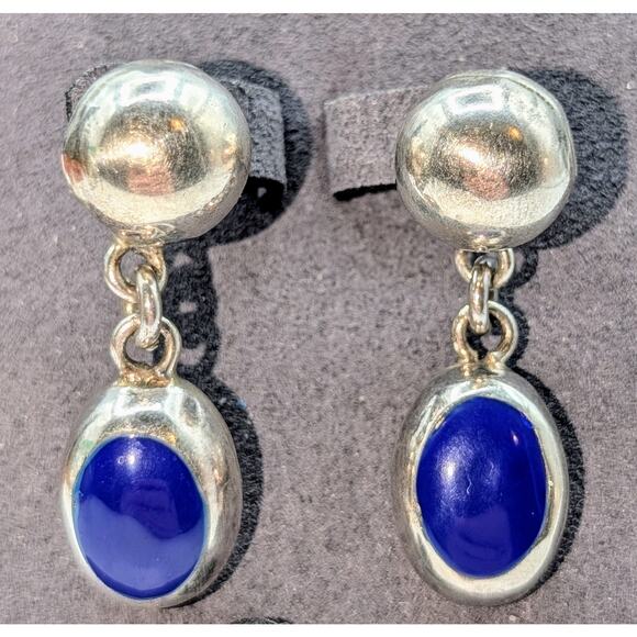 VTG Taxco Mexico Sterling Silver Lapis Lazuli Inlay 1.5" Long Dangle Earrings - Picture 1 of 6